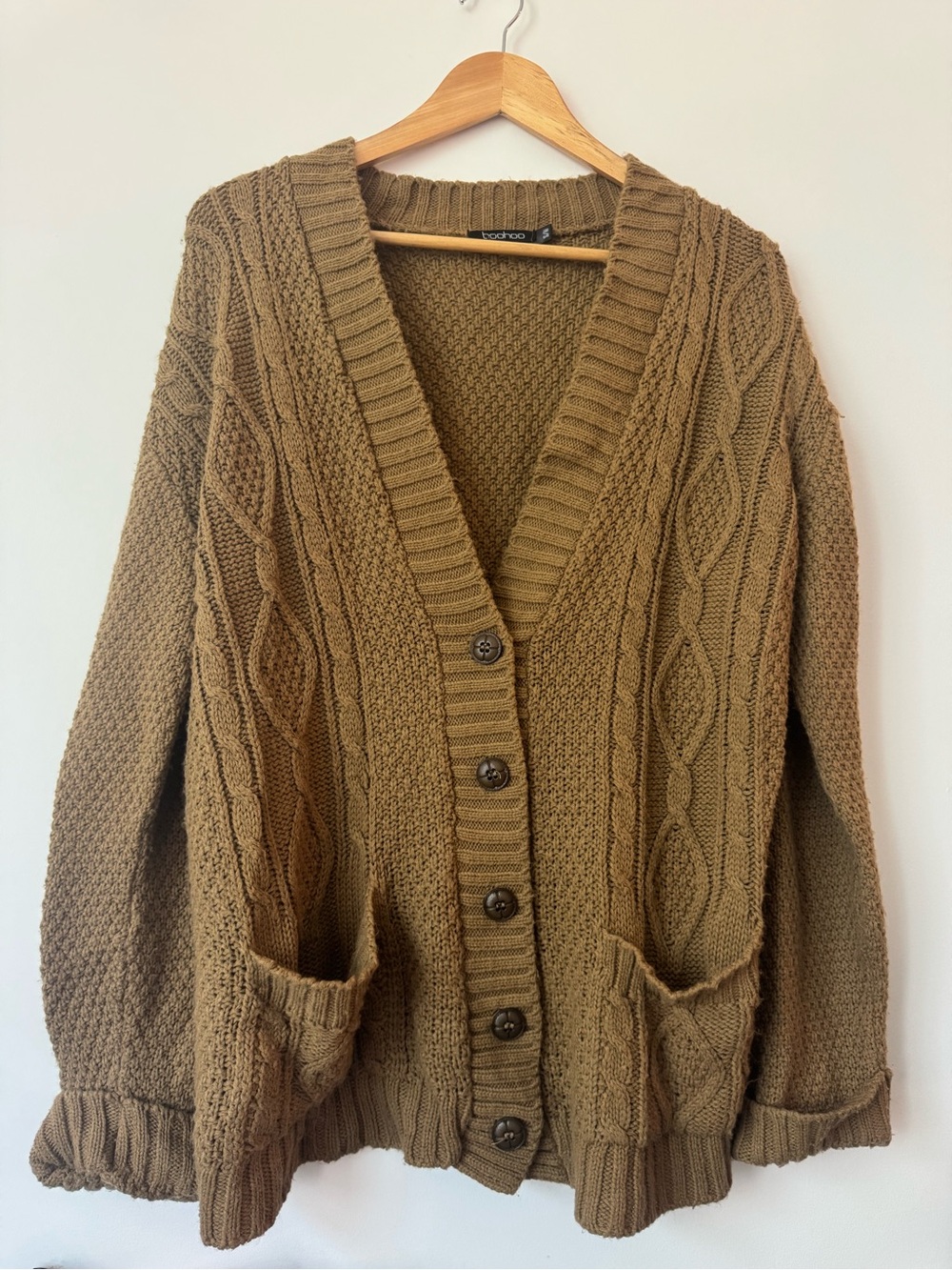 Boohoo Olive Brown Cable Knit Button Front Oversized Cardigan Sweater Size S/M